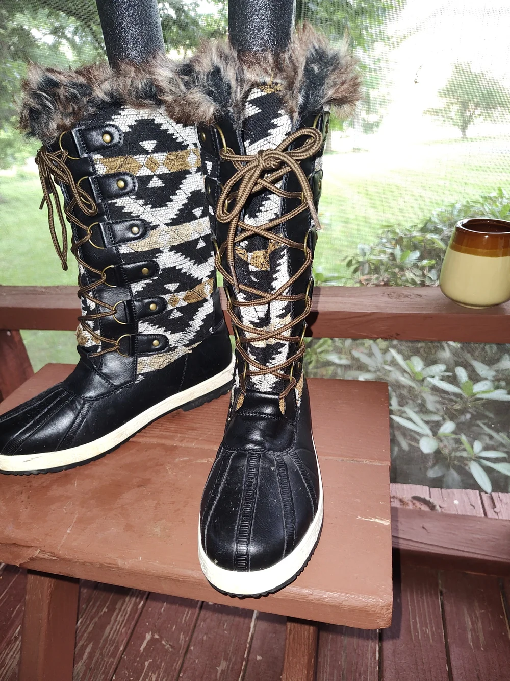 Black and Tan Geometric Patterned Faux-Fur Winter Boots